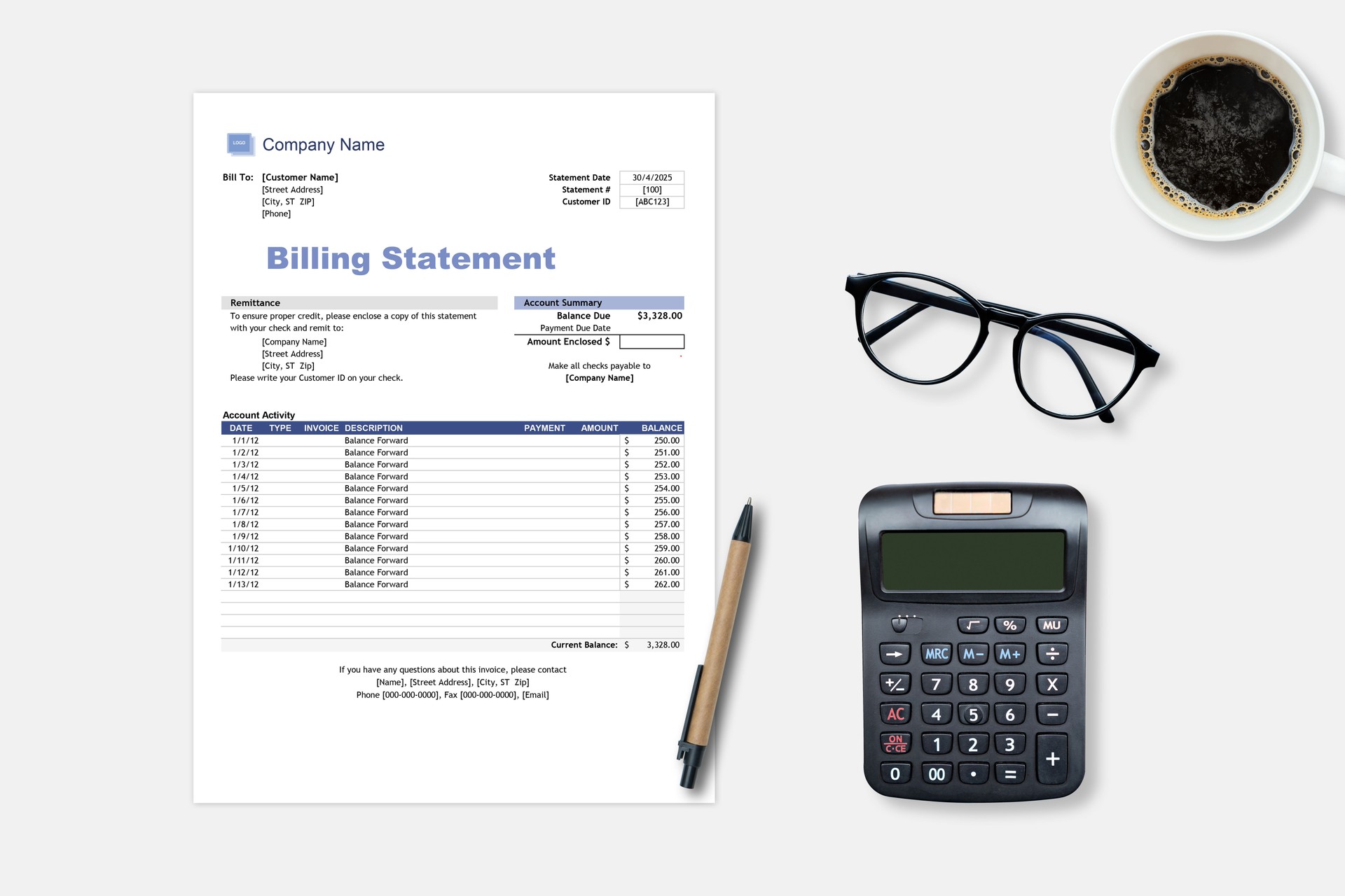 Medical health care billing statement in hospital, top view. Calculator, billing statement