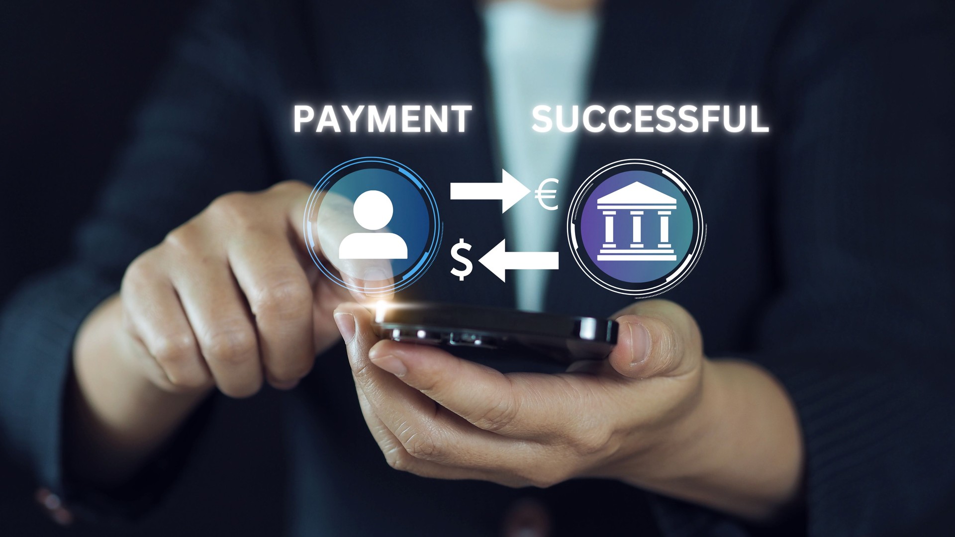 Secure digital payment concept with green shield symbol and successful transaction icons on dark background.